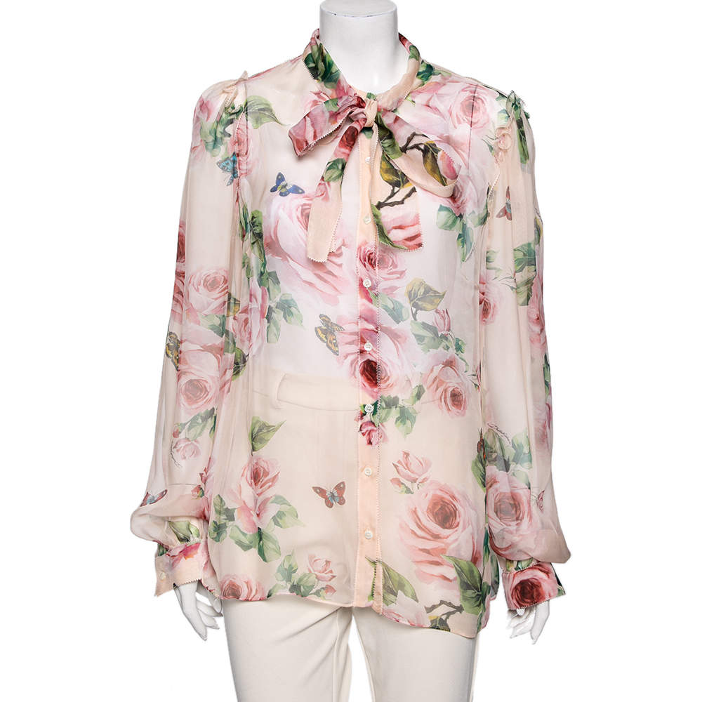 Pre Owned Dolce & Gabbana Multicolor Floral and Butterfly Printed Silk Bow Tie Front Top XL