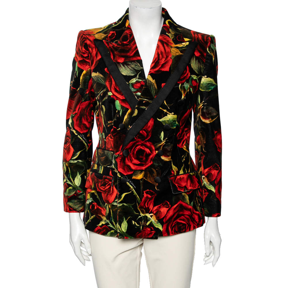 Pre Owned Dolce & Gabbana Multicolor Floral Print Velvet Double Breasted Blazer M