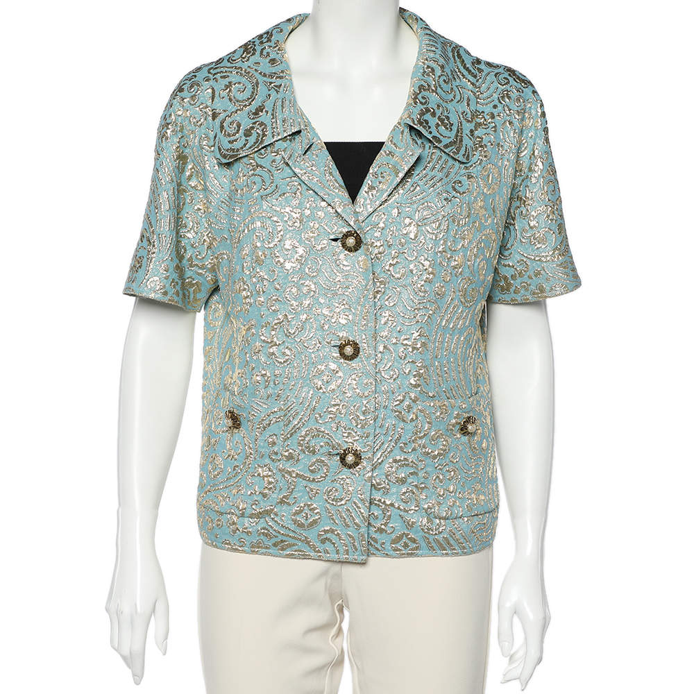 Pre Owned Dolce & Gabbana Blue Silk Brocade Button Front Jacket L
