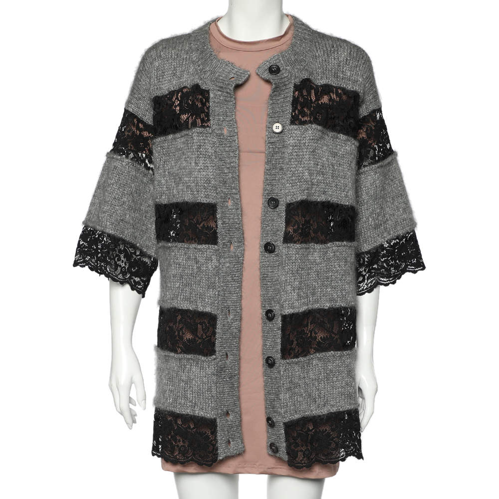 Pre Owned D&G Grey and Black Striped Lace & Knit Cardigan L