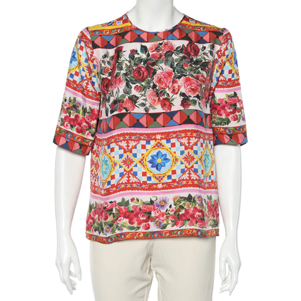 Pre Owned Dolce & Gabbana Multicolor Carretto Roses Printed Silk Top M