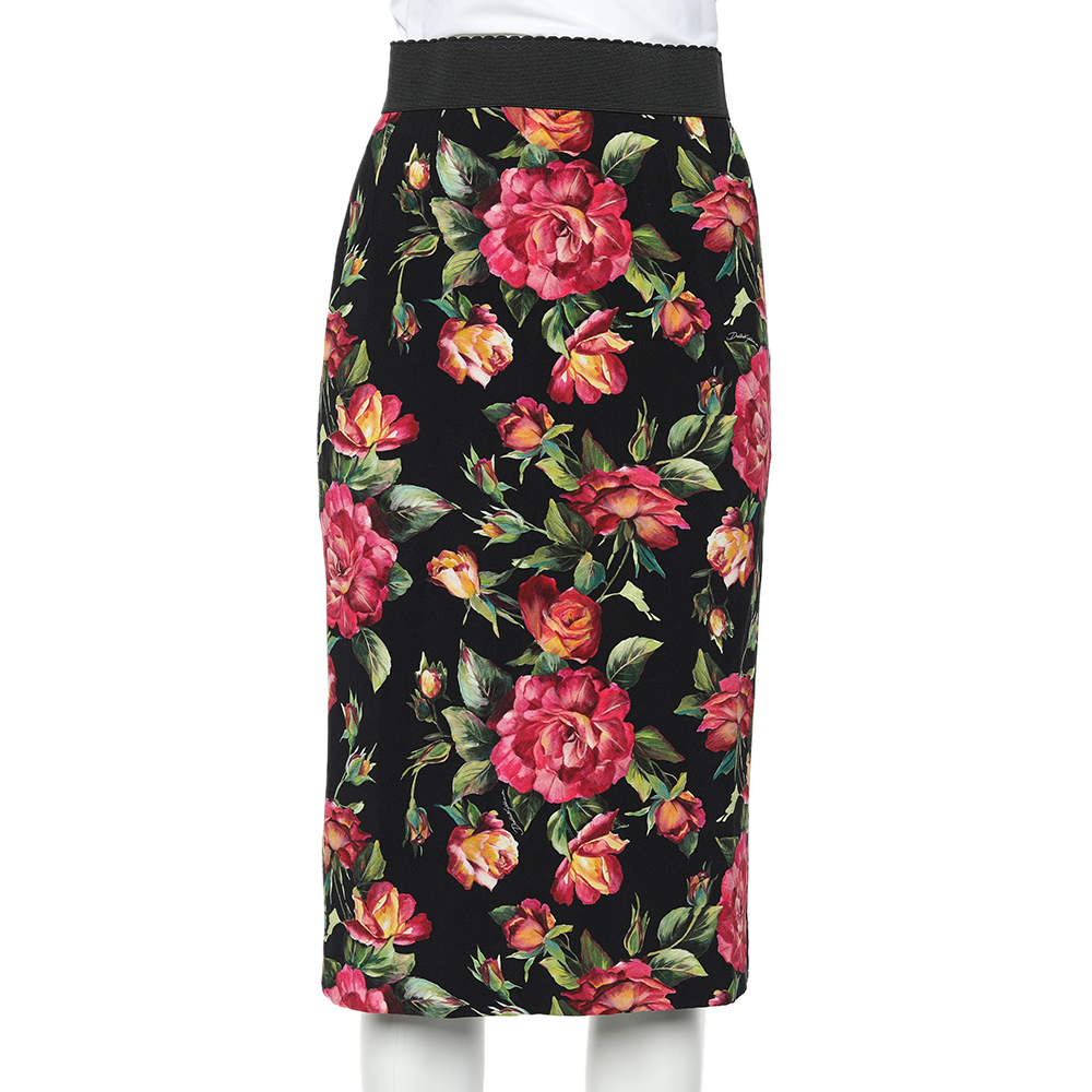 Pre Owned تنورة مستقيمة دولتشي أند غابانا كريب أسود بطبعة زهور مقاس متوسط - ميديوم