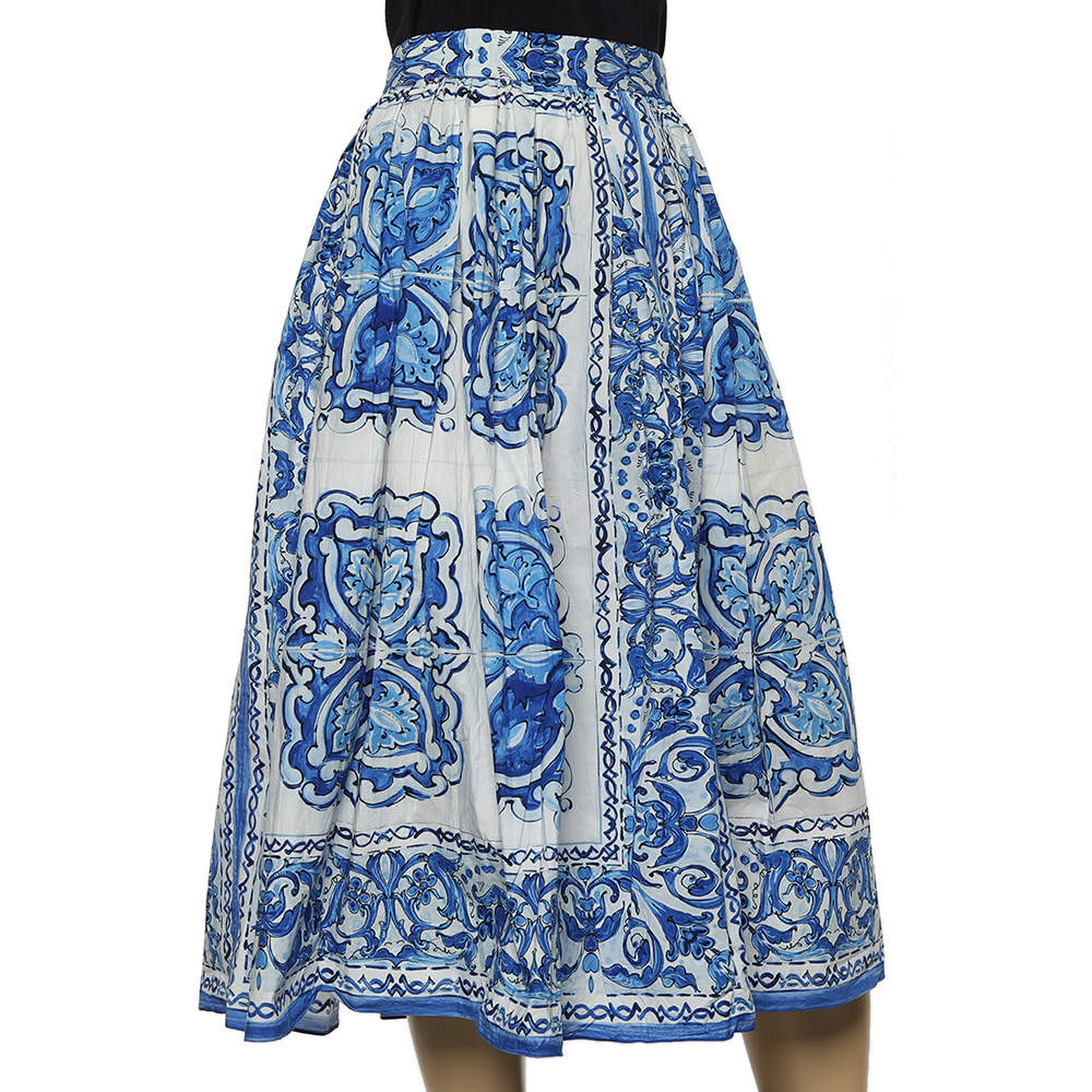 Pre Owned تنورة دولتشي أند غابانا بطيات مطبوعة رسوم قطن زرقاء مقاس M