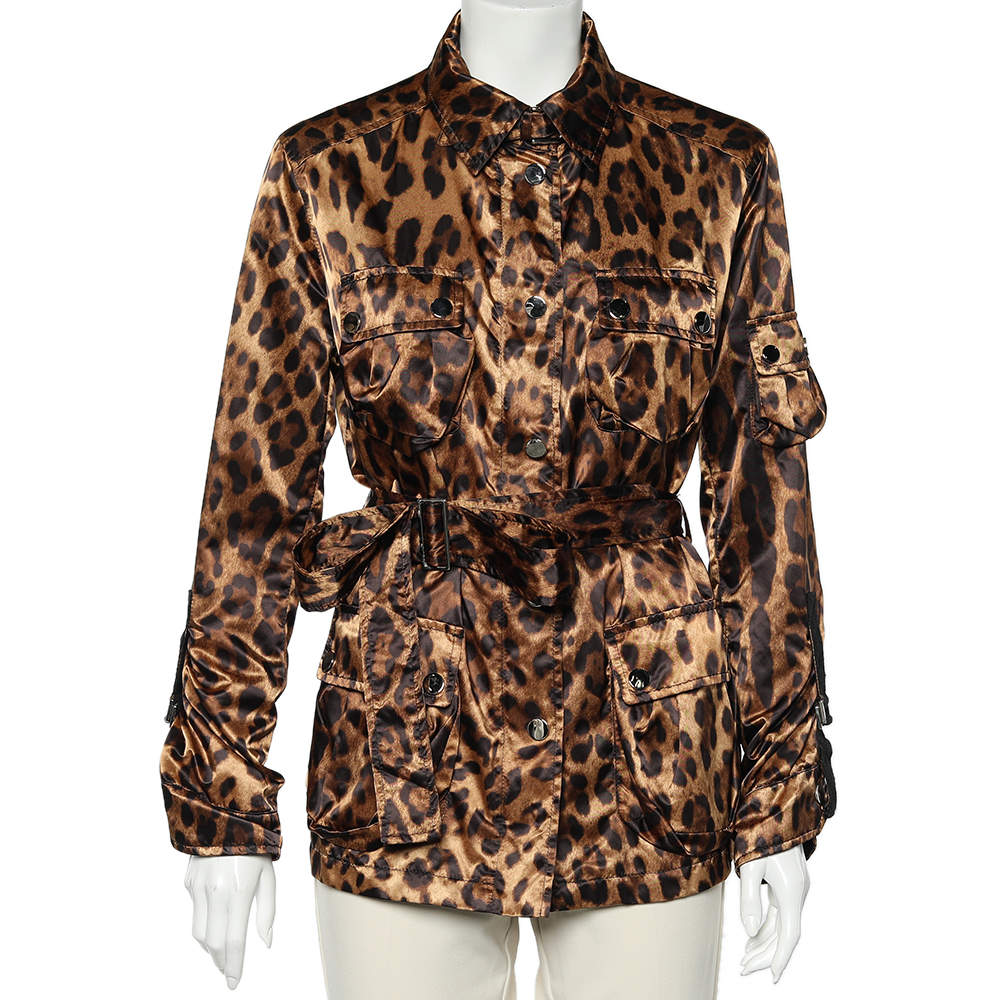 Dolce & Gabbana Brown Leopard Print Synthetic Belted Jacket L