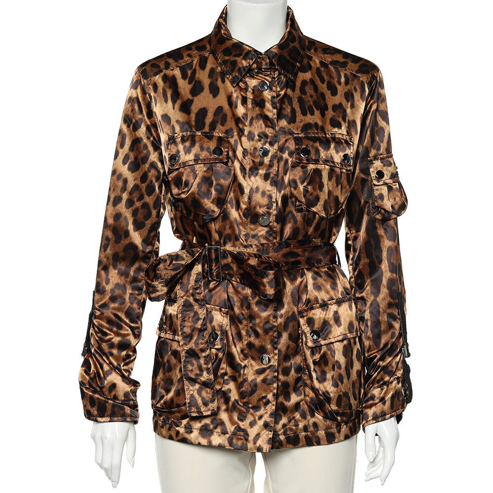 Pre Owned Dolce & Gabbana Brown Leopard Print Synthetic Belted Jacket L