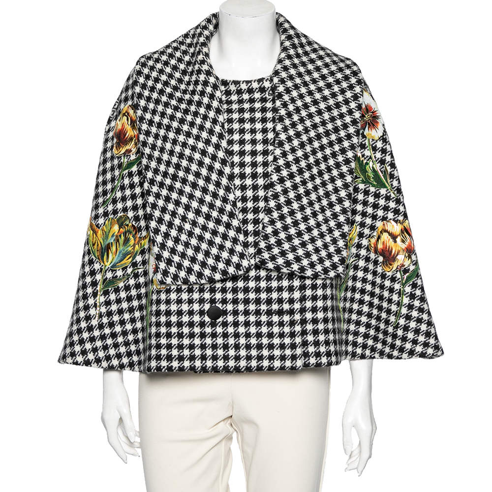 Pre Owned Dolce & Gabbana Monochrome Patterned Wool Floral Appliqued Cape S