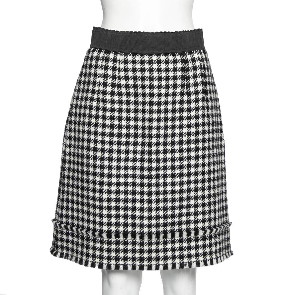 Pre Owned Dolce & Gabbana Monochrome Patterned Wool Fringe Detail Skirt M