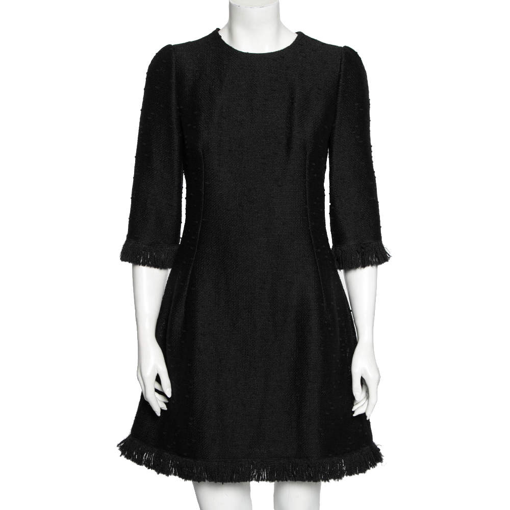 Pre Owned Dolce & Gabbana Black Boucle Fringed Mini Dress M