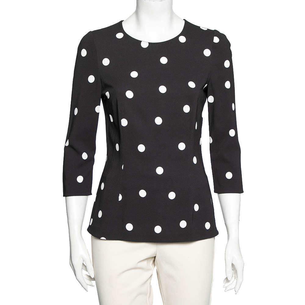 Pre Owned Dolce & Gabbana Black Polka Dotted Crepe Fitted Waist Top M