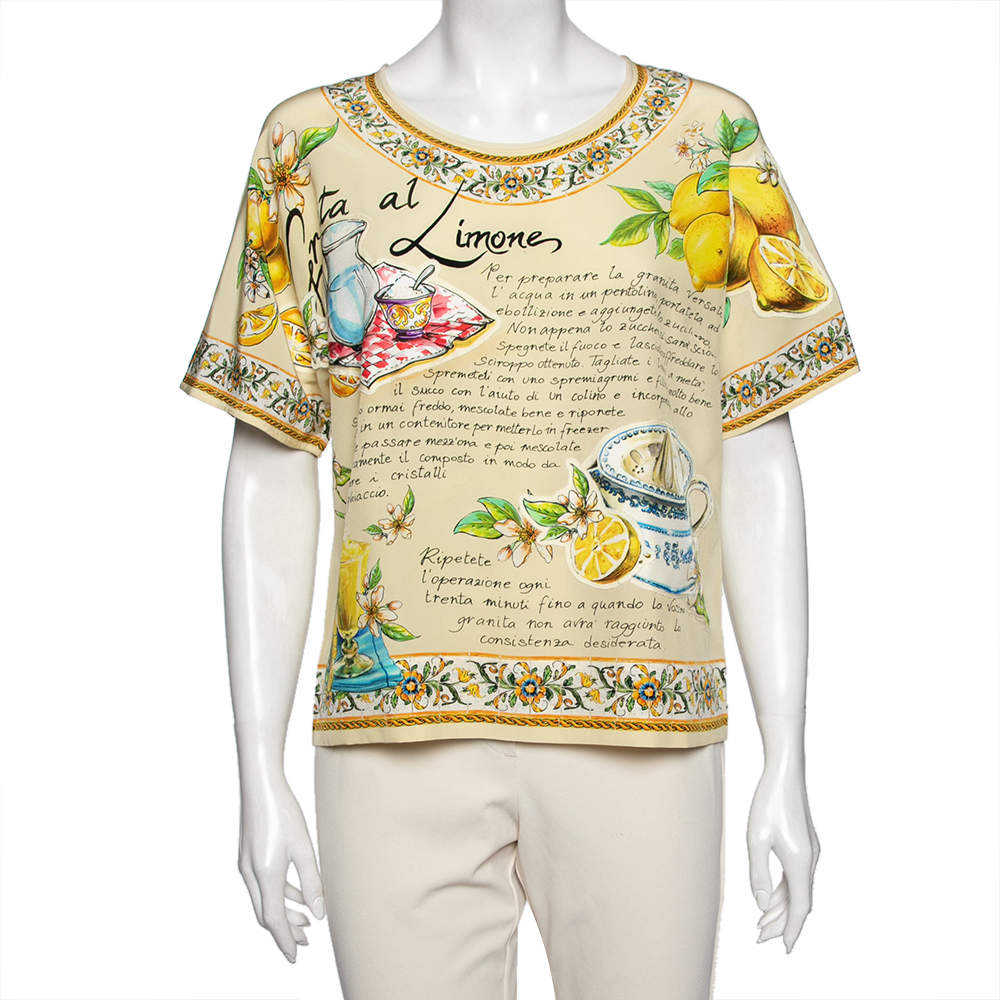 Pre Owned Dolce & Gabbana Yellow Lemon Printed Silk Top M