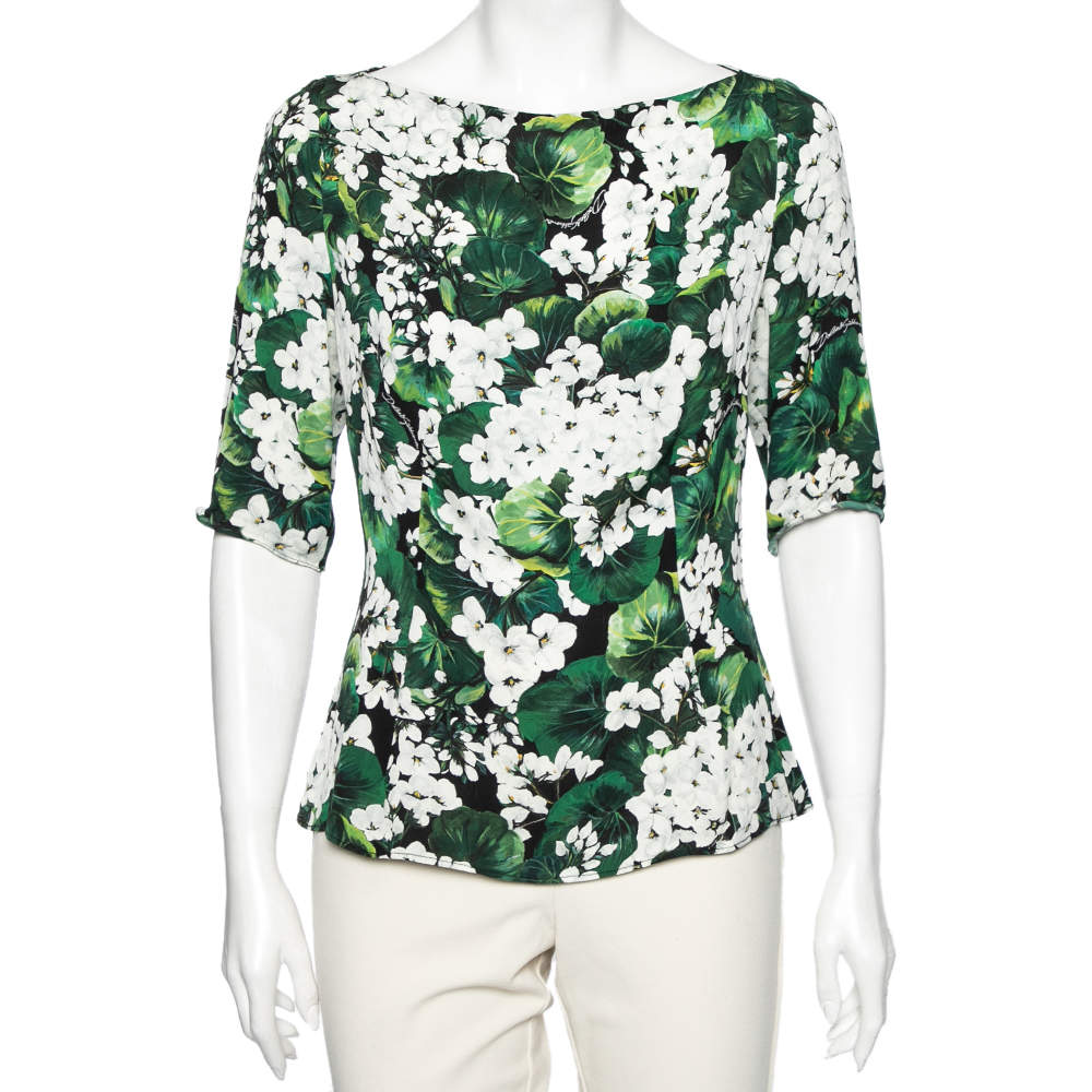 Pre Owned Dolce & Gabbana Exclusive Green Hydrangea Printed Silk Top L