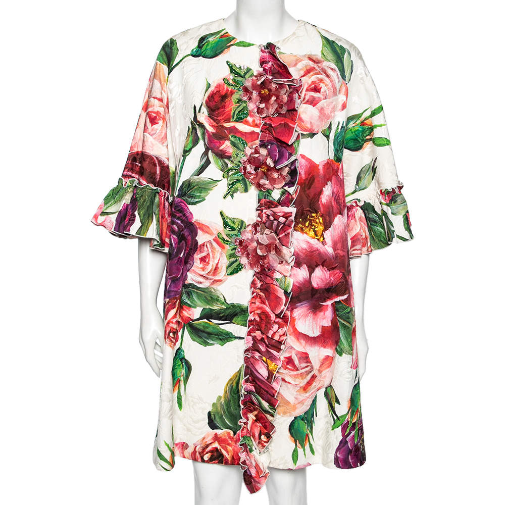 مملوكة مسبقًا Dolce & Gabbana Multicolored Peony Printed Jacquard Embellished Coat M