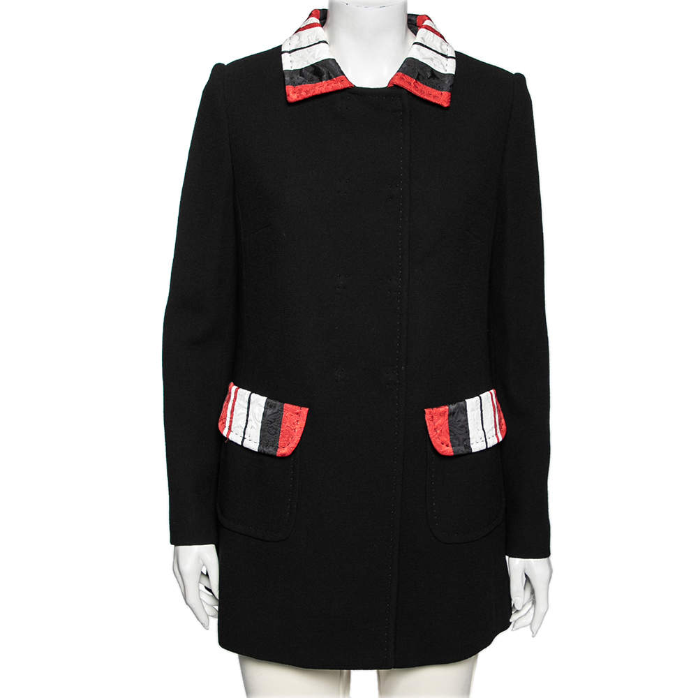 Pre Owned Dolce & Gabbana Black Wool Crepe Contrast Trim Detail Button Front Coat M