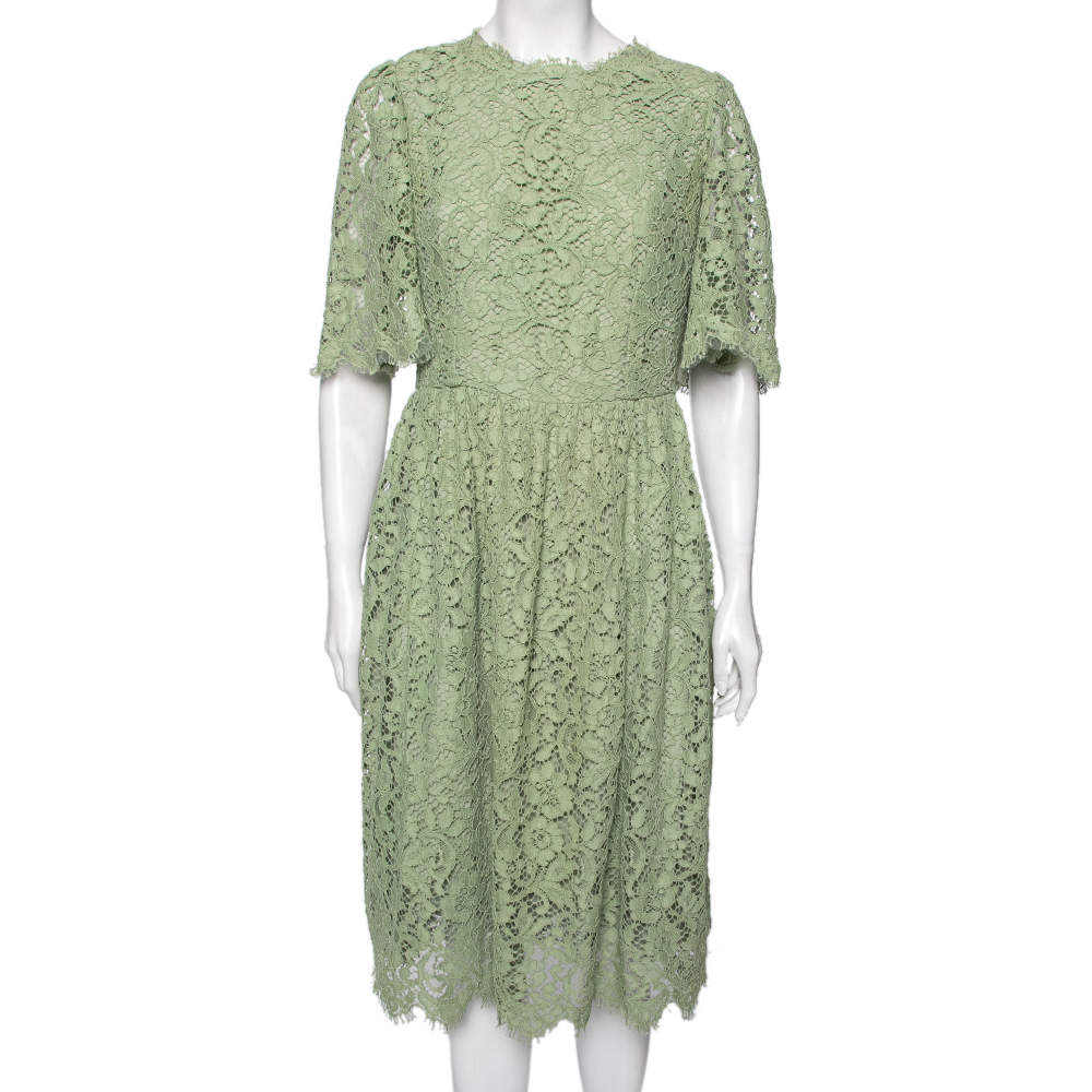 Pre Owned Dolce & Gabbana Green Floral Lace Flared Dress M 