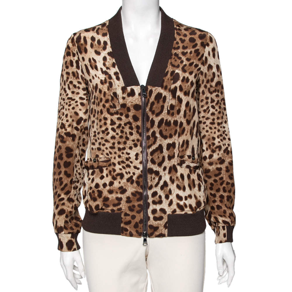 Pre Owned Dolce & Gabbana Brown Animal Printed Silk V-Neck Zip Front Bomber Jacket S
