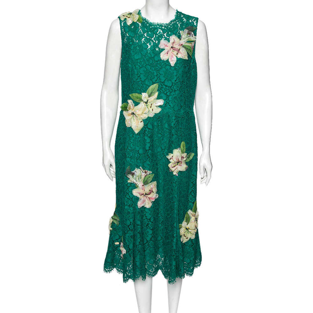 Pre Owned Dolce & Gabbana Green Lace Floral Appliqued Sleeveless Dress XL
