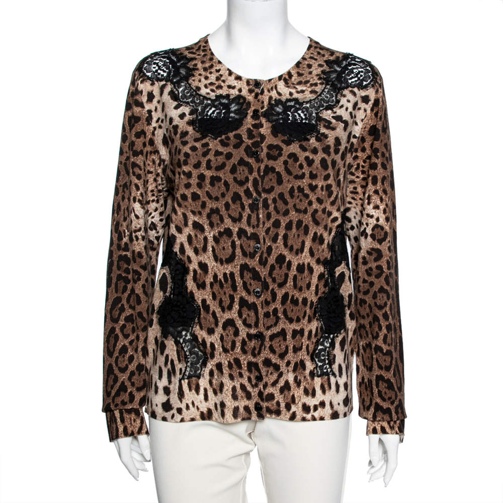 Pre Owned Dolce & Gabbana Brown Leopard Print Wool Lace Paneled Button Front Cardigan XL