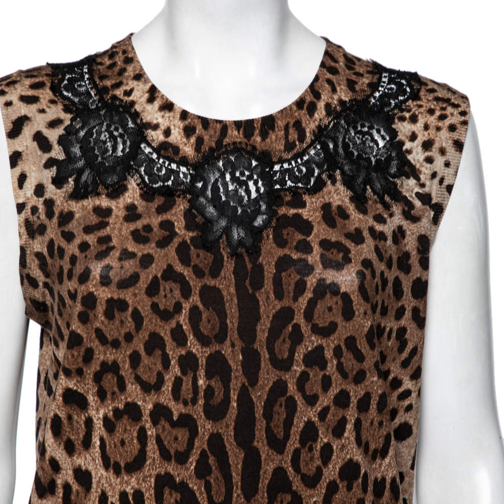 Dolce & Gabbana Brown Leopard Print Wool Lace Panel Sleeveless Top