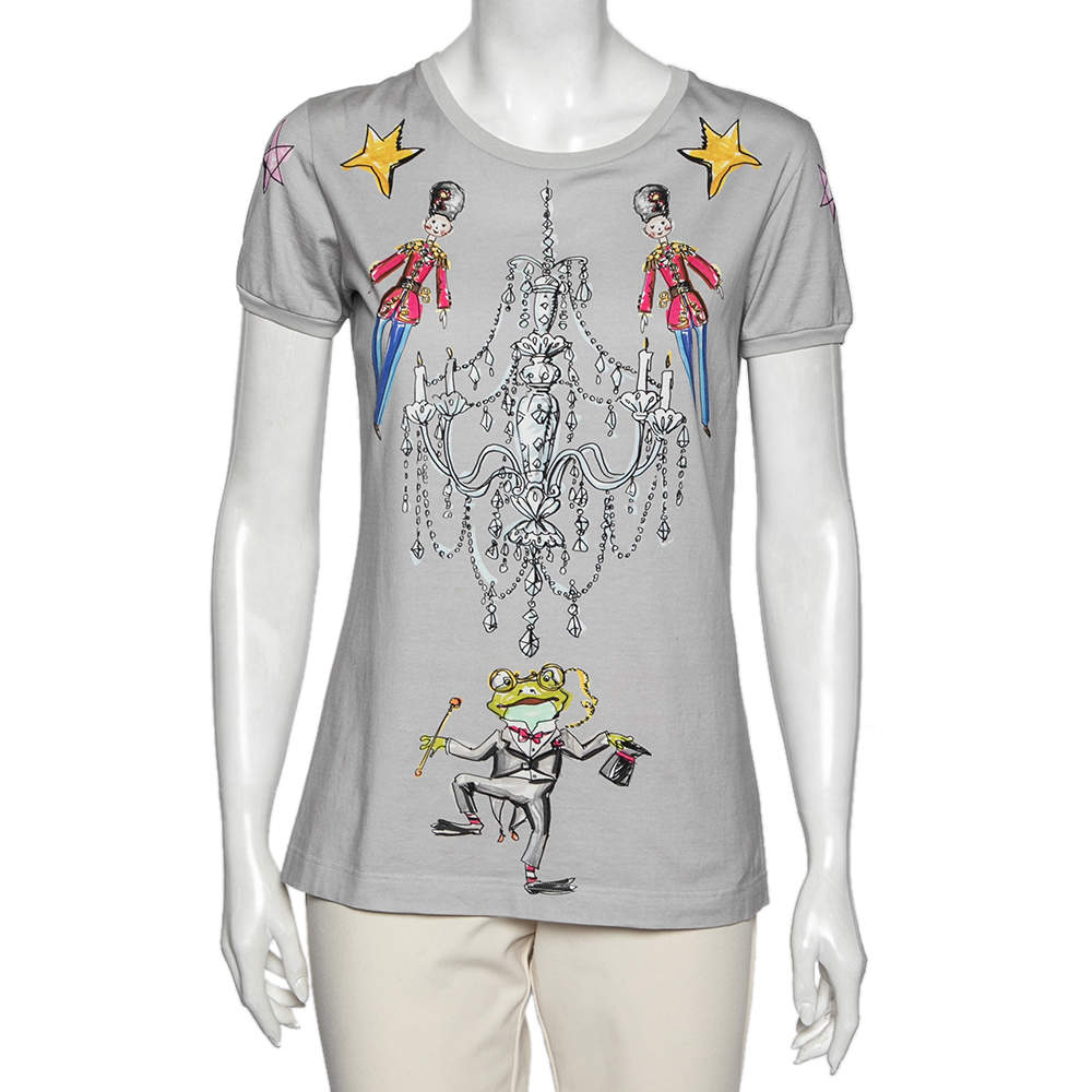 Pre Owned Dolce & Gabbana Grey Printed Cotton Crew Neck Short Sleeve Top M