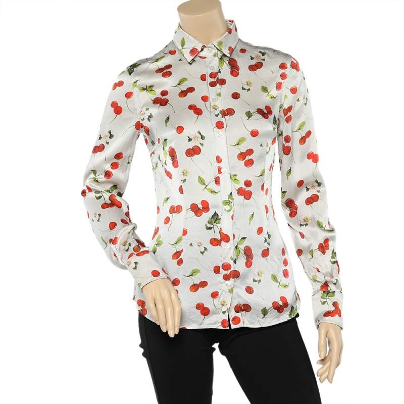 Pre Owned Dolce & Gabbana White Cherry Printed Silk Satin Button Front Shirt M