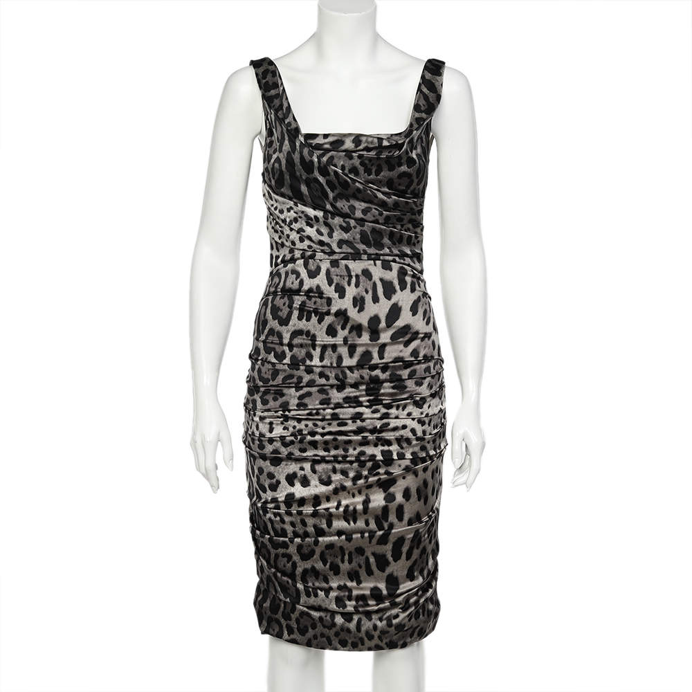 Pre Owned Dolce & Gabbana Grey Leopard Printed Silk Ruched Dress S