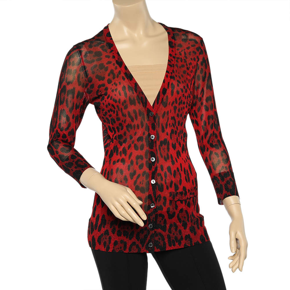 Pre Owned Dolce & Gabbana Red Leopard Printed Lurex Knit Cardigan M