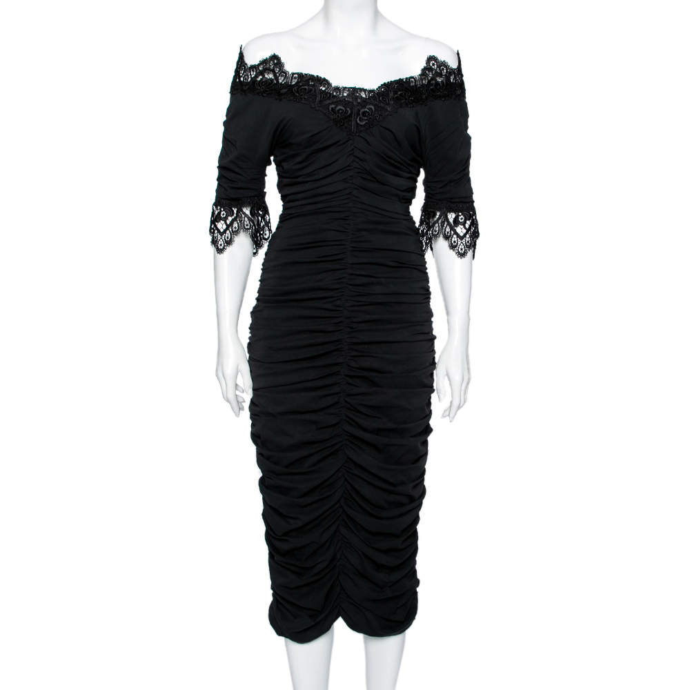 Pre Owned Dolce & Gabbana Black Silk Lace Trimmed Ruched Midi Dress M 