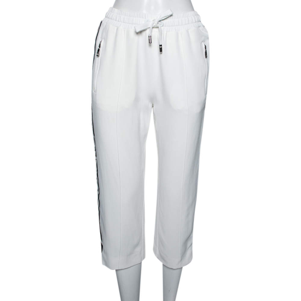 Pre Owned Dolce & Gabbana White Crepe Logo Tape Trim Cropped Track Pants S
