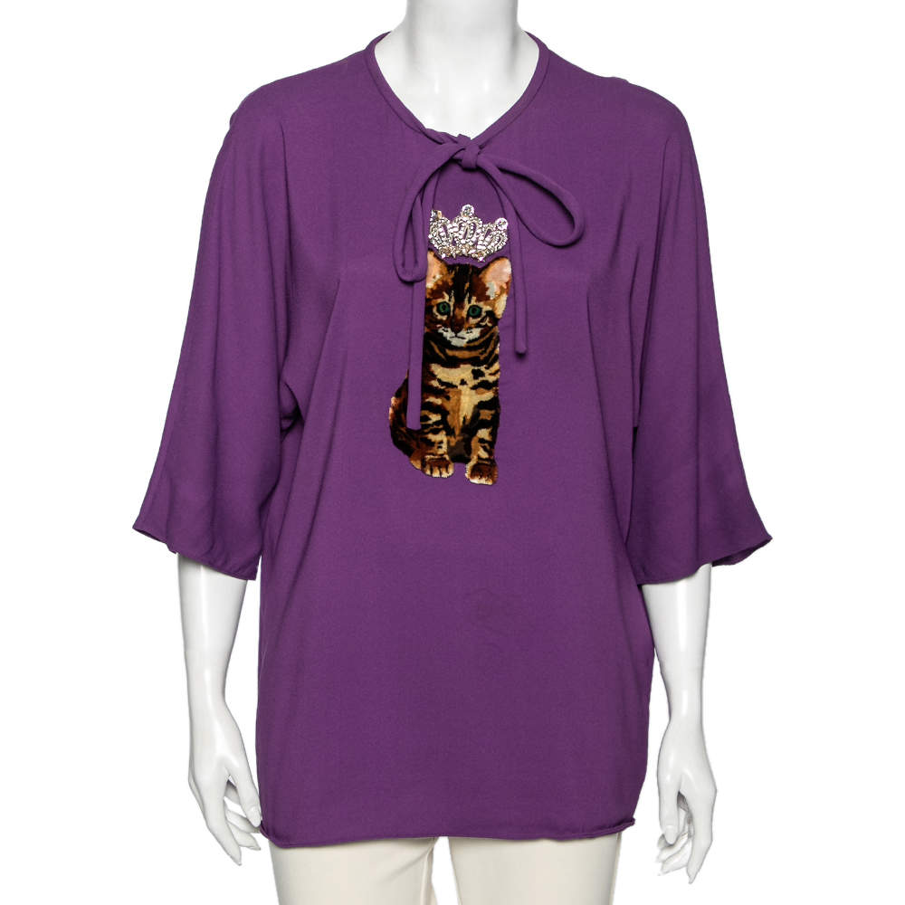 Pre Owned Dolce & Gabbana Purple Crepe Cat Zambia Tiara Blouse M