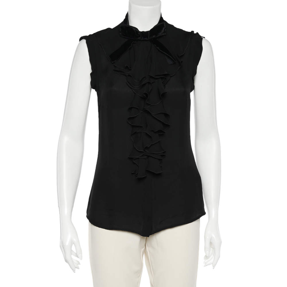 Pre Owned D&G Black Sheer Silk Ruffled Neck Sleeveless Blouse S