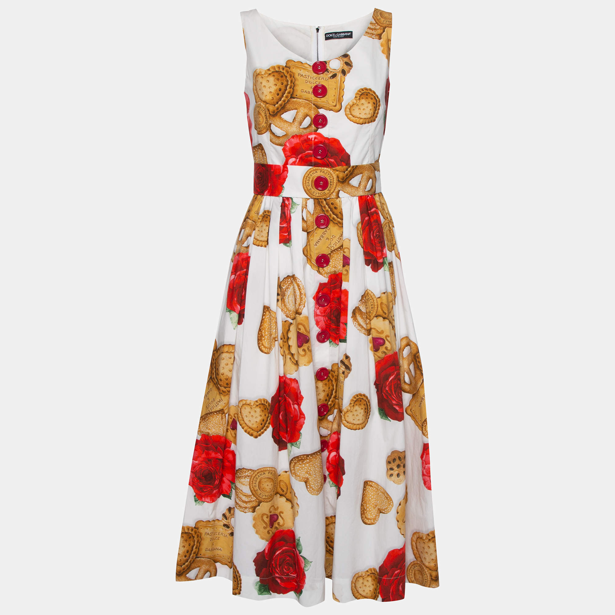 Pre Owned Dolce & Gabbana White Cotton Rose Biscuit Print Midi Dress S