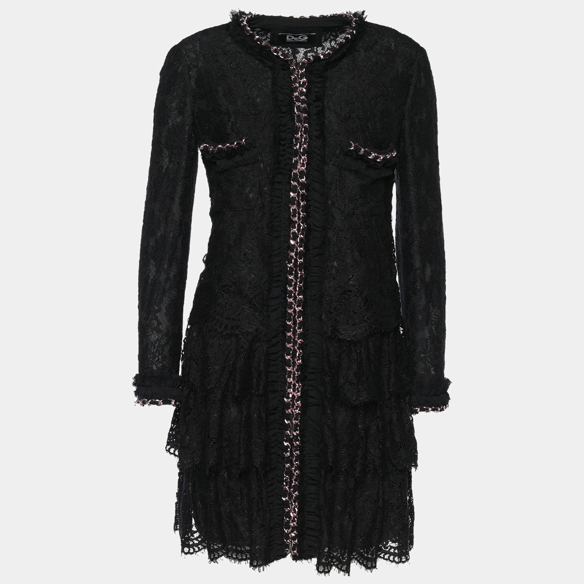 مملوكة مسبقًا D&G Black Lace Chain Embellished Tiered Coat M