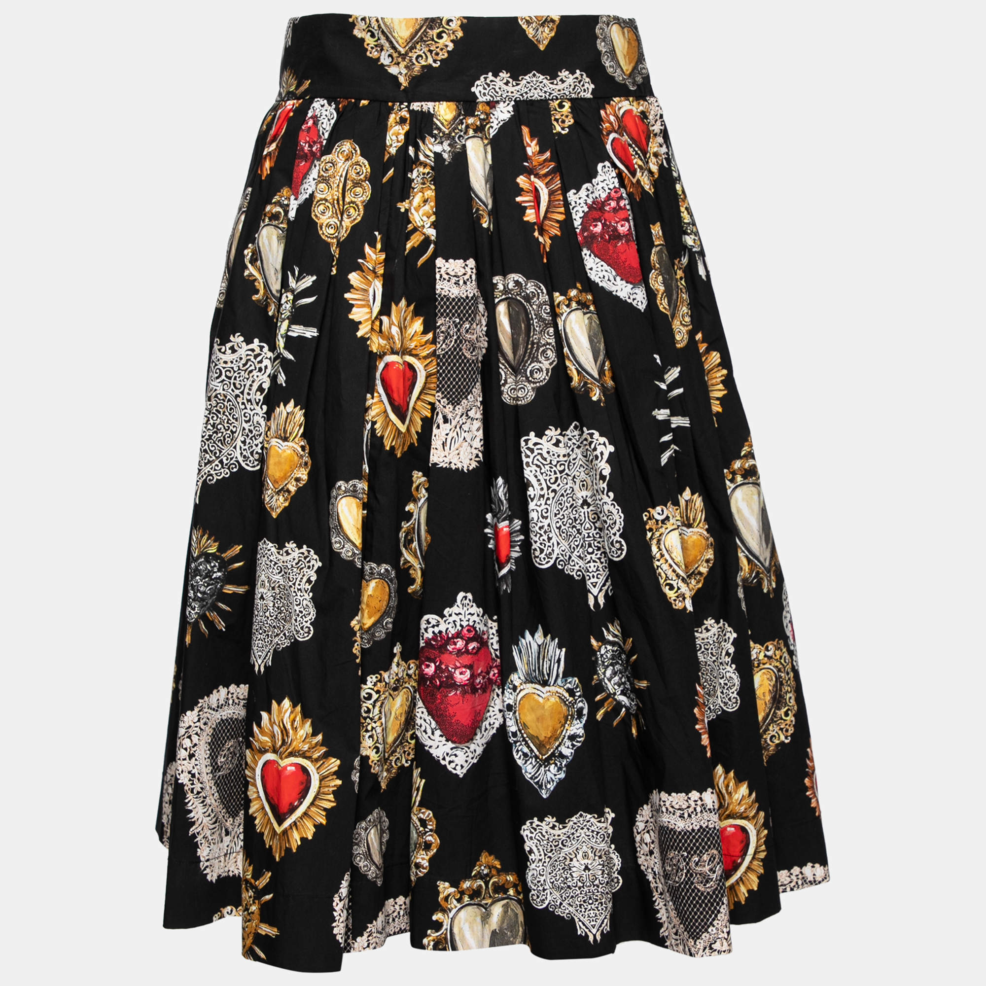 Pre Owned Dolce & Gabbana Black Sacred Heart Print Cotton Pleated Skirt M
