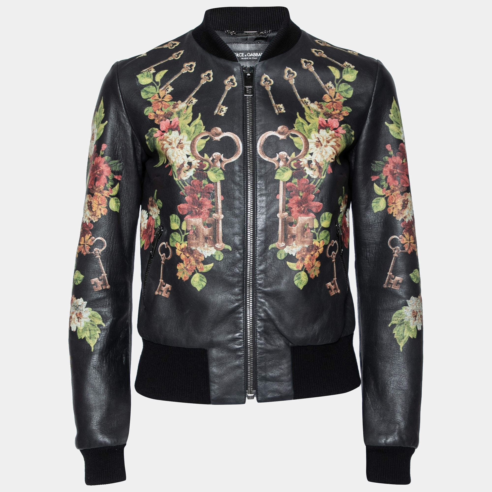 Pre Owned جاكيت منفوخ دولتشي آند غابانا جلد بطبعة الزهور أسود مقاس صغير - سمول