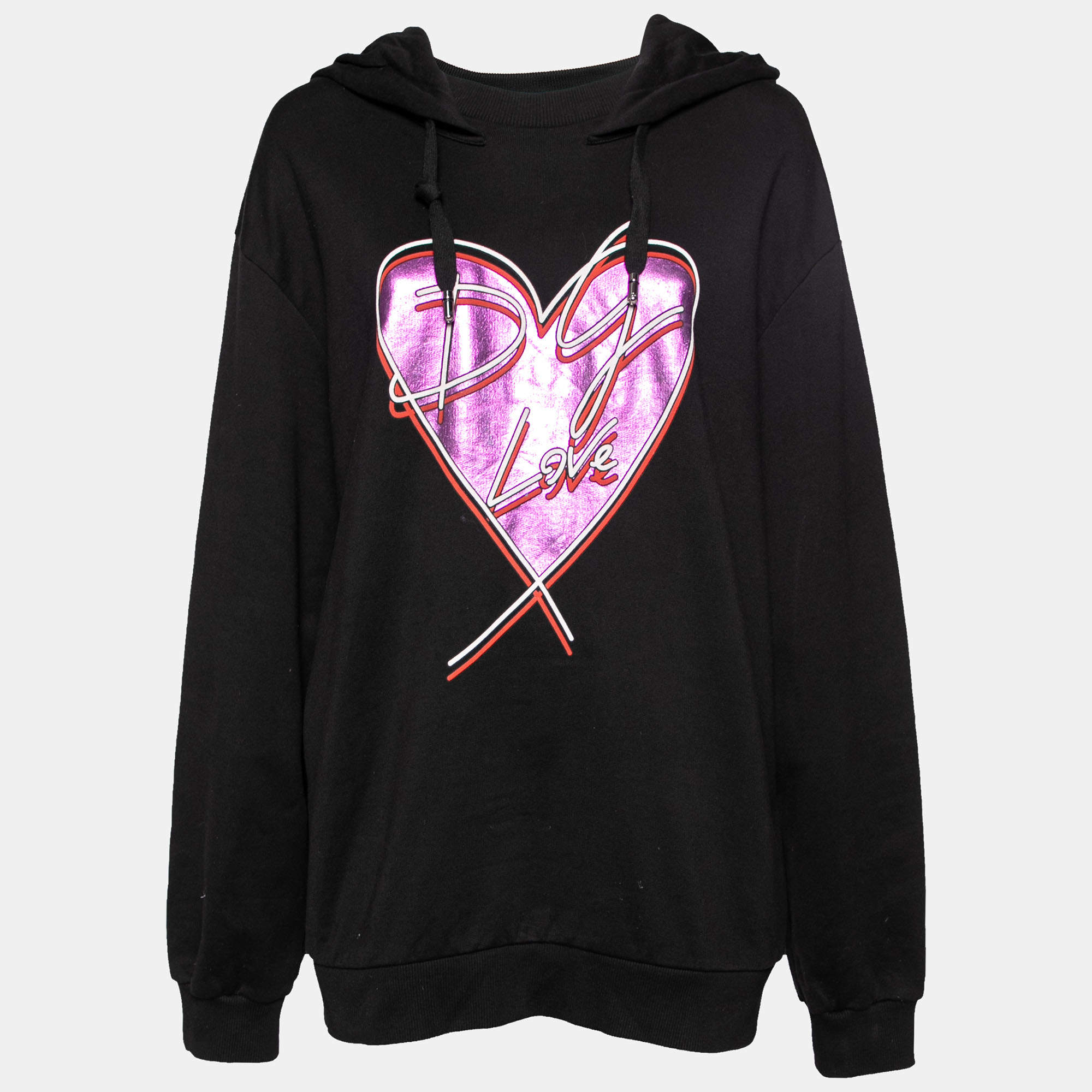 Pre Owned Dolce & Gabbana Black Cotton Love Heart Logo Printed Hoodie M