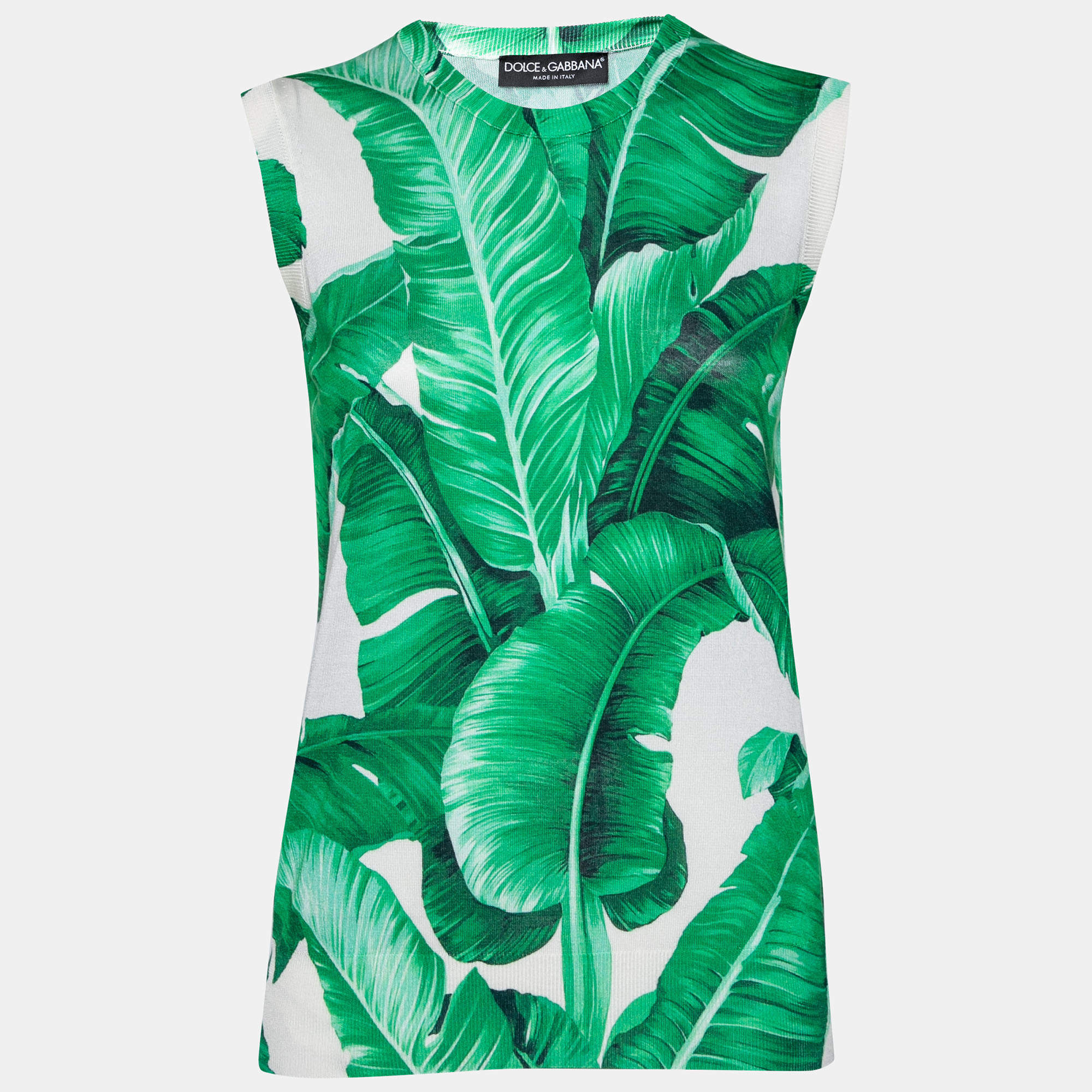Pre Owned Dolce & Gabbana Green Leaf Print Silk Knit Sleeveless Sweater M