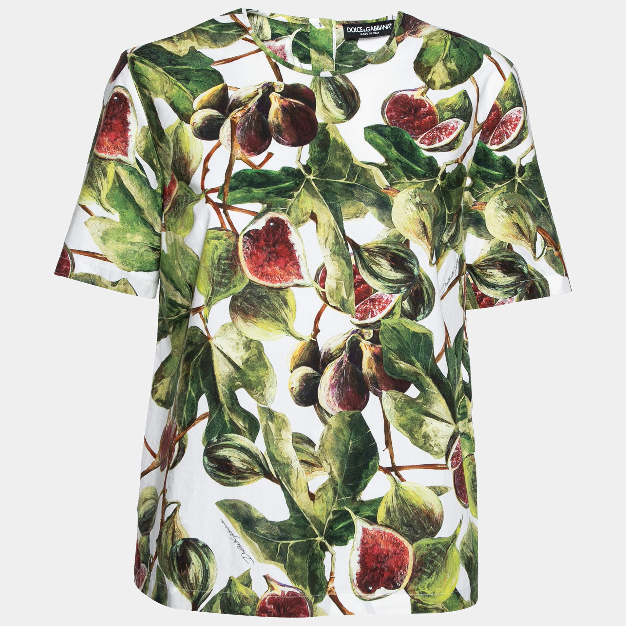 Pre Owned Dolce & Gabbana White and Green Fig Printed Cotton Crew Neck Top M