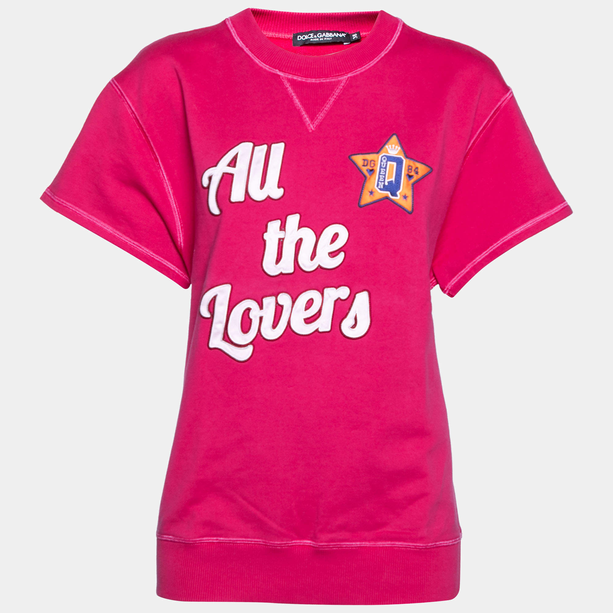 Pre Owned Dolce & Gabbana Pink Cotton All the Lovers Embroidered Ribbed Trims Top S