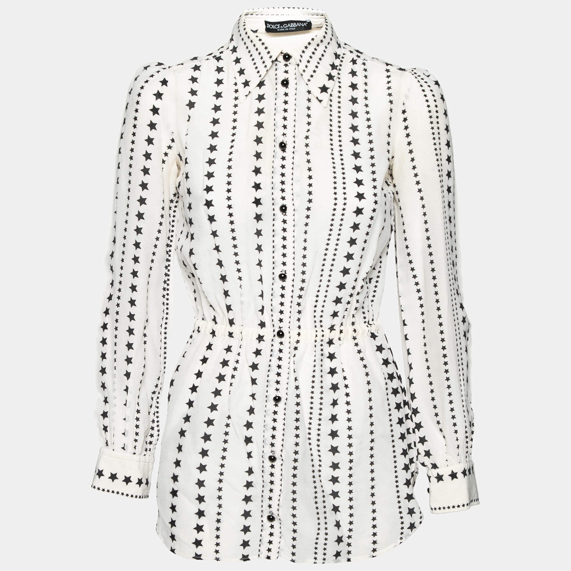 Pre Owned Dolce & Gabbana White Star Printed Silk Button Front Blouse S