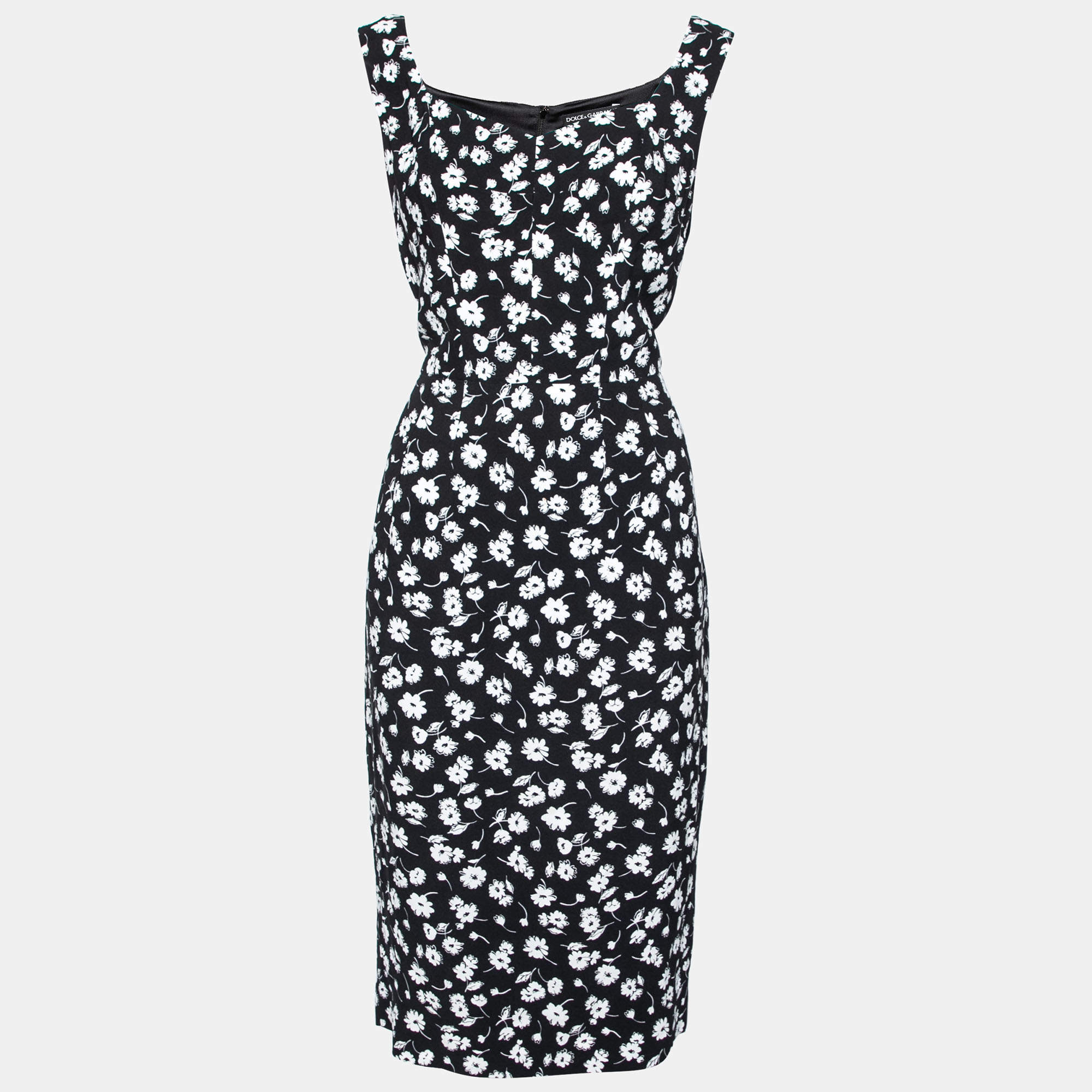 Pre Owned Dolce & Gabbana Black and White Floral Printed Crepe Sleeveless Dress L