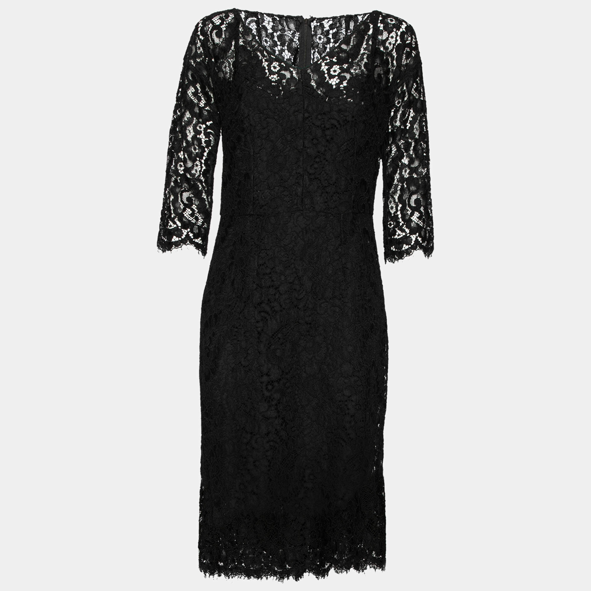 Pre Owned Dolce & Gabbana Black Cordonetto Lace Scalloped Hem Fitted Dress M