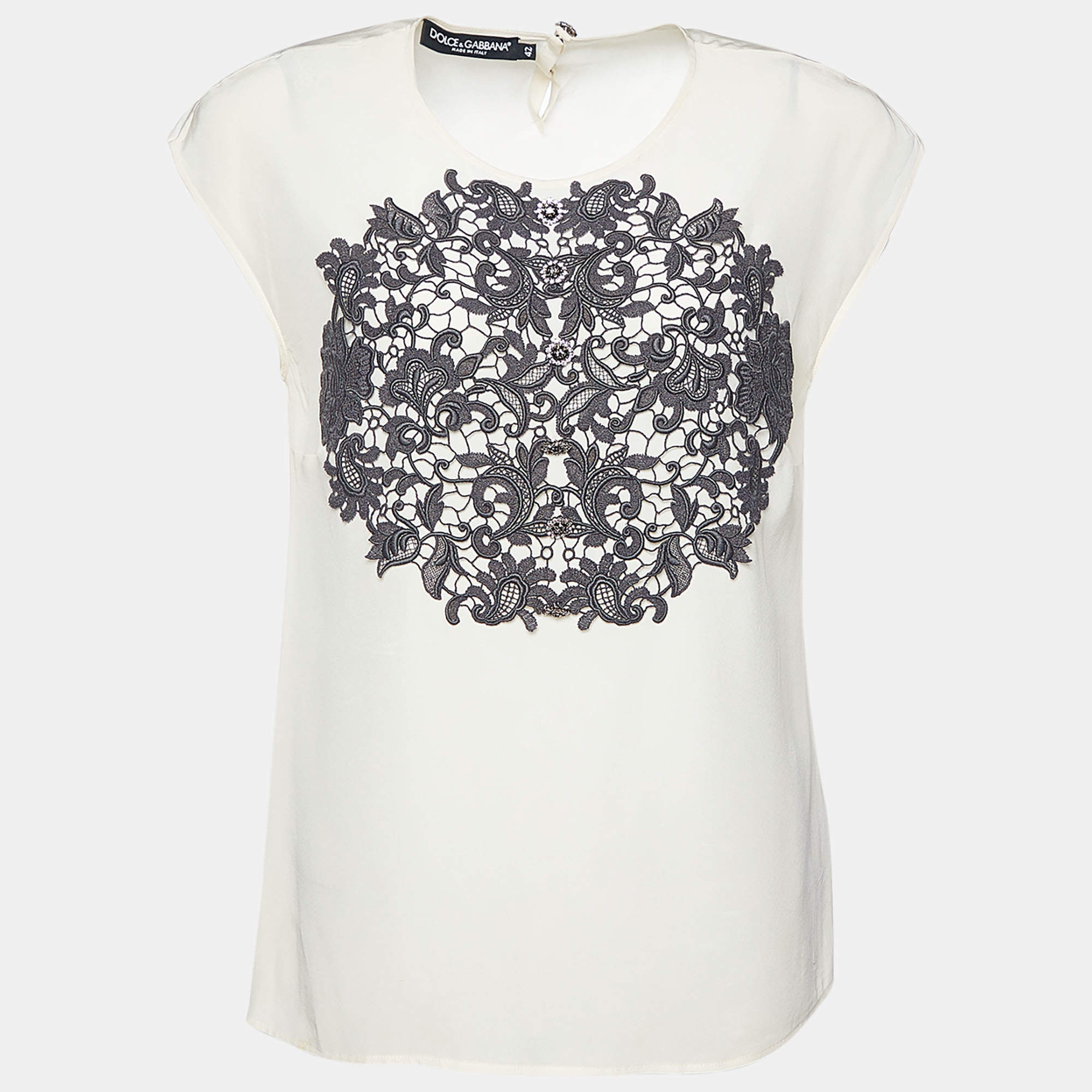Pre Owned Dolce & Gabbana Cream Silk Lace Embroidered Crystal Embellished Sleeveless Blouse M