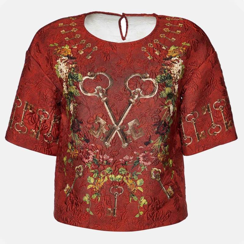 Pre Owned بلوزة دولتشي أند غابانا جاكار طباعة موردة ومفتاح بني مقاس صغير ( سمول )