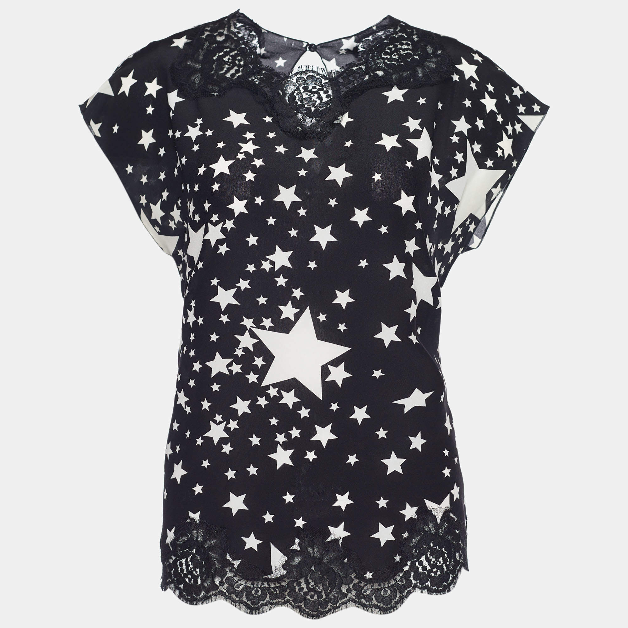 Pre Owned Dolce & Gabbana Black and White Star Printed Silk Lace Trim Blouse S