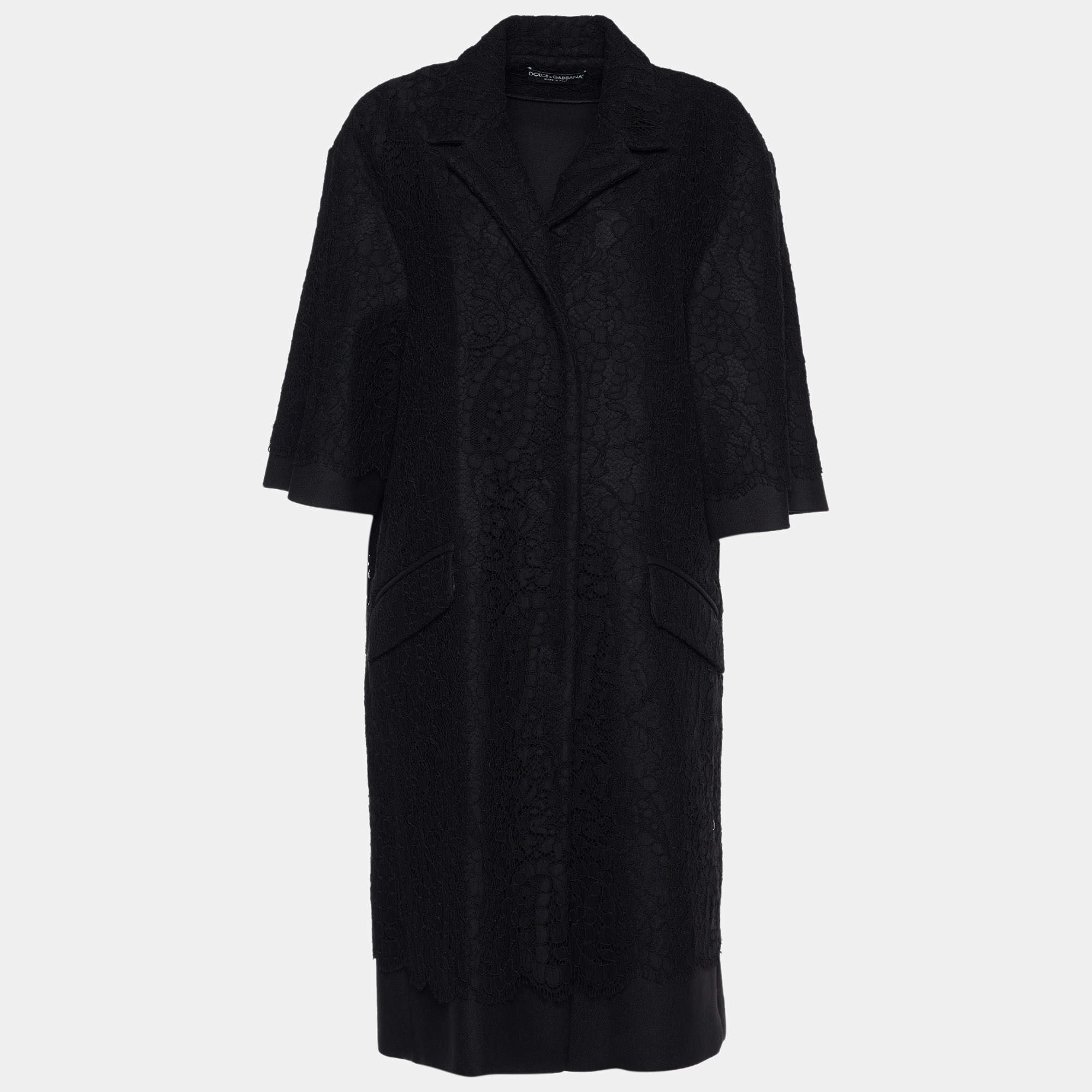 Dolce & Gabbana Black Wool & Lace Overlay Single Breasted Coat L