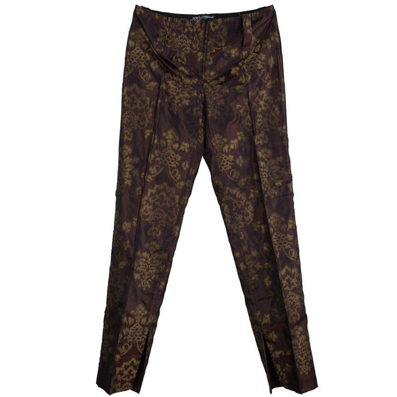 Pre Owned Dolce & Gabbana Dark Brown Brocade Silk Trousers S