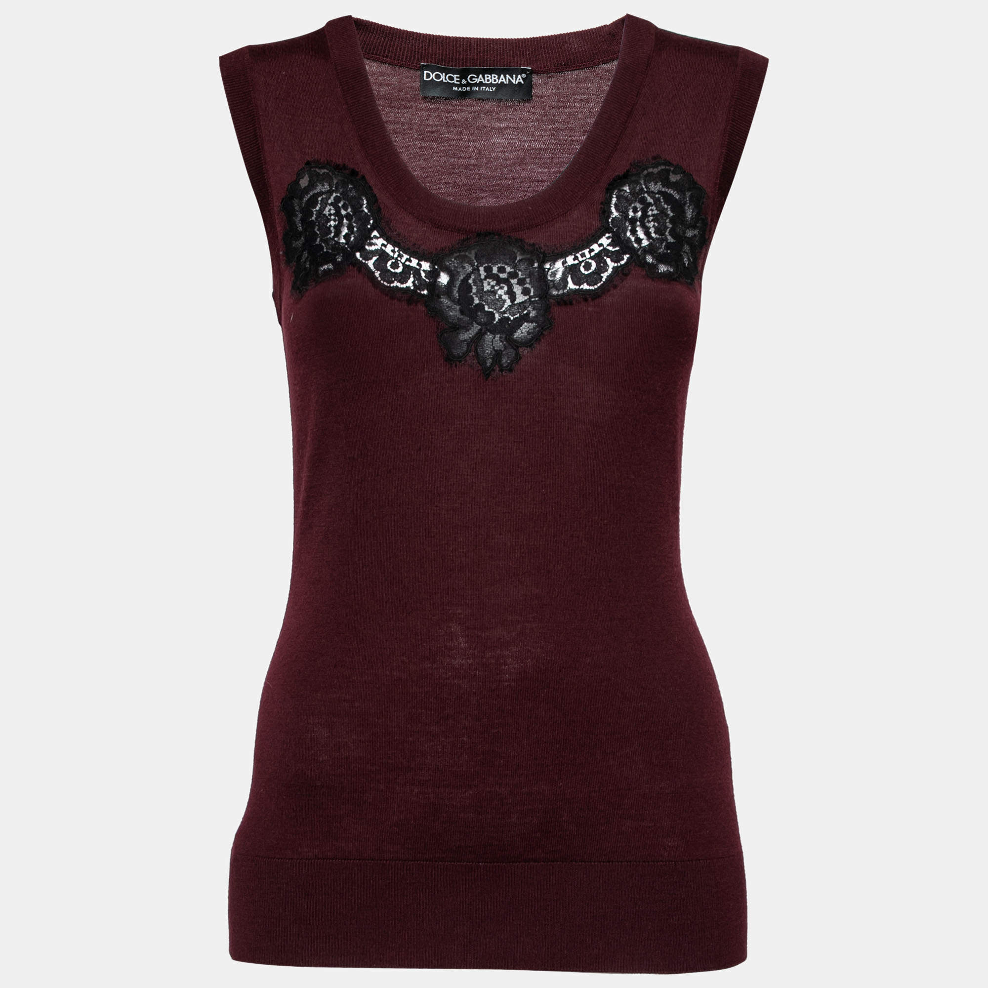 Pre Owned Dolce & Gabbana Burgundy Wool Lace Detail Sleeveless Top M