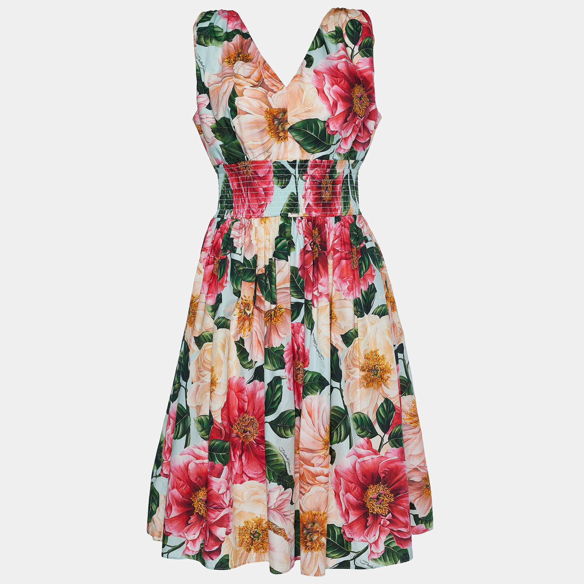Pre Owned Dolce & Gabbana Multicolor Floral Printed Cotton V-Neck Dress M