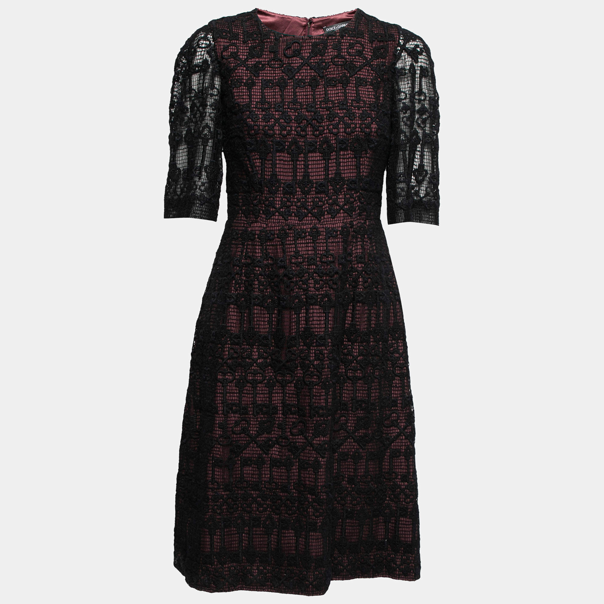 Pre Owned Dolce & Gabbana Black Guipure Lace Short Sleeve Shift Dress M