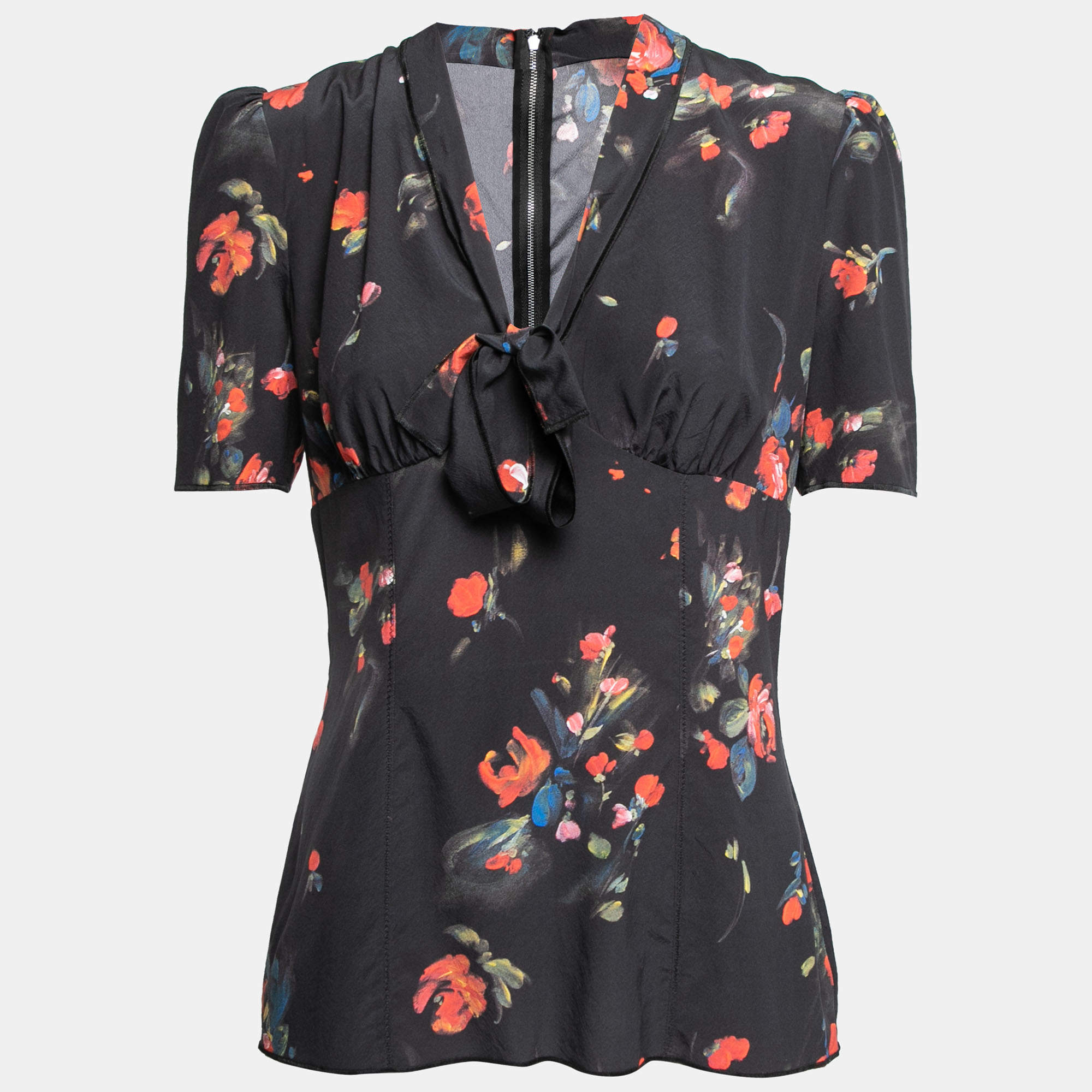 Pre Owned Dolce & Gabbana Black Floral Printed Silk Neck Tie Detailed Blouse M